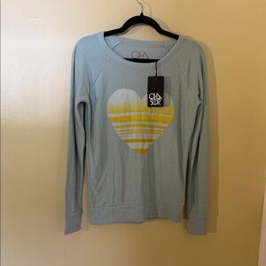 Chaser Pale Blue Heart Pullover with Yellow and White Stripes